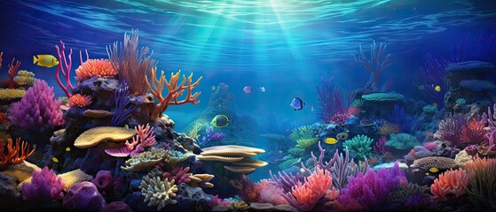 A photorealistic underwater backdrop capturing the intricate patterns and vibrant colors of a coral garden, showcasing a diverse range of coral species and the abundant marine life. Generative AI. 