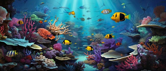 A photorealistic underwater backdrop showcasing a panoramic view of a vibrant and bustling coral reef, with a diverse array of fish species and intricate coral formations. Generative AI. 