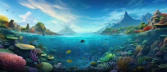 Fototapeta na wymiar A photorealistic underwater backdrop showcasing a panoramic view of a vibrant and bustling coral reef, with a diverse array of fish species and intricate coral formations. Generative AI: 