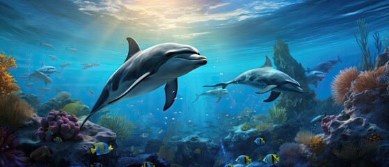 Fototapeta na wymiar A photorealistic underwater composition showcasing a dramatic encounter between a curious dolphin and a school of shimmering fish, capturing the beauty and harmony of marine life. Generative AI. 