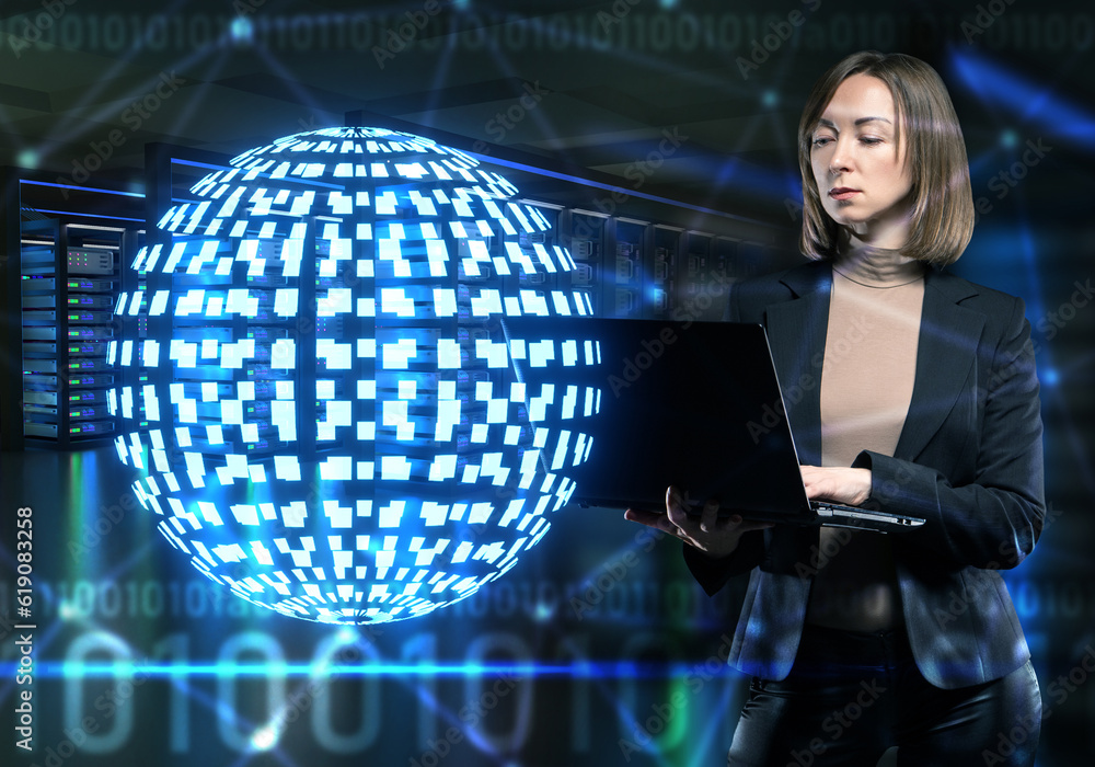 Poster woman system administrator. manager in server room. working with digital data. data processing cente