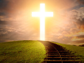Glowing christian cross. Stairs lead to crucifix. Catholic cross in evening sky. Christian...