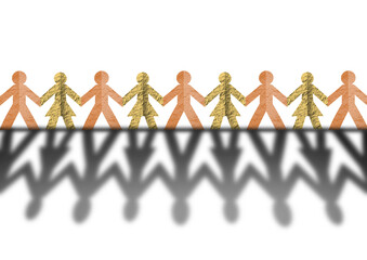 Paper figures, small figures cut out of paper with hand in hand and projected shadow, handmade illustration. PNG