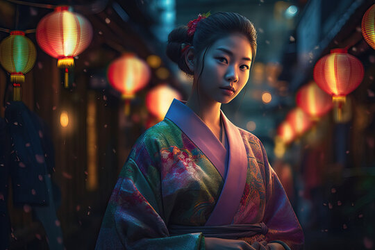 Portrait of traditional Asian woman with colorful lanterns or lamps