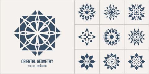 Arabic circular geometric symbols set. Vector monochrome mosaic oriental ornamental emblems