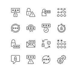Set of password related icons, security alert, key, authorization, password combination, finger print and linear variety symbols.
