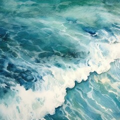 Obraz premium Watercolor illustration of a vibrant blue ocean with crashing white waves, created with Generative Ai Technology