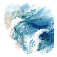 Watercolor illustration of a vibrant and dynamic blue ocean wave captured in a watercolor painting, created with Generative Ai Technology