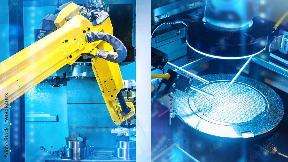 Poster automated production. manufacturing of microprocessors. autonomous factory equipment. soldering mach