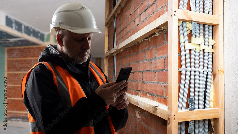Poster man builder. brigadier with phone. architect in building under construction. guy in uniform of build