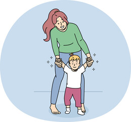 Happy mom help little baby toddler make steps