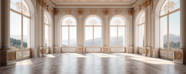 A classic extravagant European style palace room with gold decorations. wide format, Hand edited generative AI.
