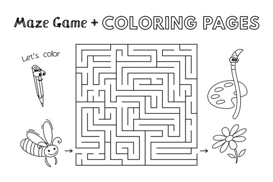 Cartoon bee maze game. Vector coloring book pages for children