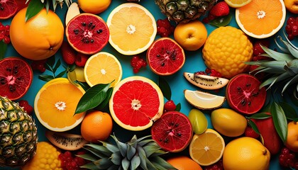 food background with assortment of fresh tropical fruits