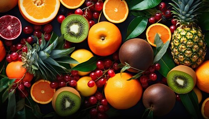 food background with assortment of fresh tropical fruits