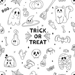 Seamless Halloween background, Halloween theme, Halloween doodles, set of Halloween elements, ghost, mummy, skull, zombie, set for halloween, silhouette of a spider, cobweb, halloween pumpkin, set of 