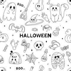 Seamless Halloween background, Halloween theme, Halloween doodles, set of Halloween elements, ghost, mummy, skull, zombie, set for halloween, silhouette of a spider, cobweb, halloween pumpkin, set of 