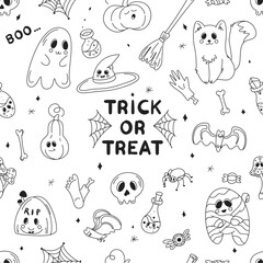 Seamless Halloween background, Halloween theme, Halloween doodles, set of Halloween elements, ghost, mummy, skull, zombie, set for halloween, silhouette of a spider, cobweb, halloween pumpkin, set of 