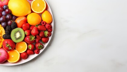healthy raw rainbow fruits background, mango papaya strawberries oranges passion fruits berries on oval serving plate on light kitchen top, top view