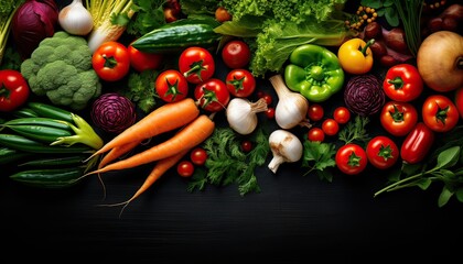 organic harvest vegetables. Vegetarian ingredients for cooking on dark rustic wooden background, top view