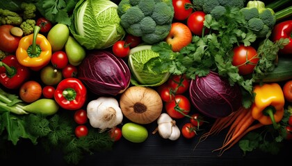 organic harvest vegetables. Vegetarian ingredients for cooking on dark rustic wooden background, top view