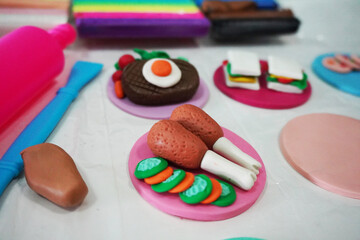 modeling clay, colorful, kid, art, artist, education, foods, chicken drumstick, Steak, sandwich bread, ham, pink, blue, egg, vegetable, white, green, red