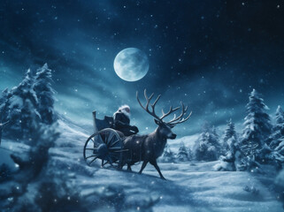december holiday winter gift sleigh christmas claus santa claus night reindeer. Generative AI.