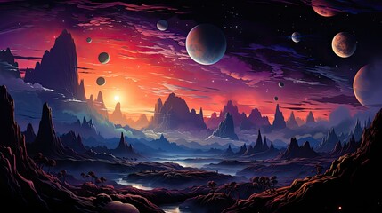 A cosmic landscape of planets and stars in purple and blue