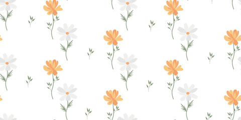 Seamless pattern of chamomile and aster flowers. Delicate spring seamless pattern for printing on fabric and paper.