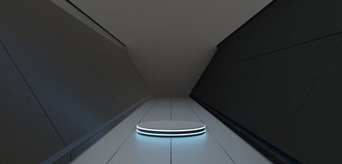 Sci fi tunnel old floor covering showroom future technology corridor neon glow beam Technology empty stage 3d illustration