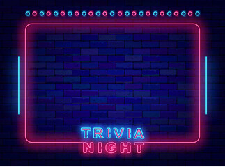 Trivia night neon frame. Quiz competition. Game event. Night club shiny advertising. Vector stock illustration