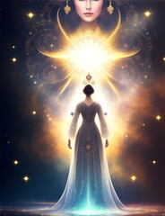 Fototapeta na wymiar Photo of a woman in a white dress standing in front of a star