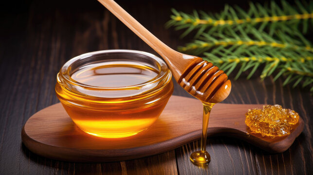 Raw Organic Pure Manuka Honey with Honey Dipper. With Dark Wood Themed Background.