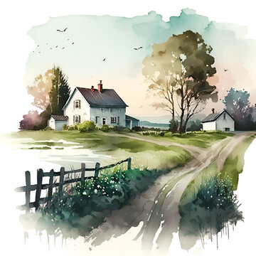 Watercolor autumn rural house landscape Generative AI, png image.