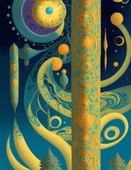 Photo of a vibrant blue and yellow column painting