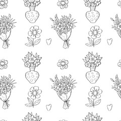 Floral seamless pattern. Bouquet of flowers, daisies in vase on white background with hearts. Vector Illustration. modern art linear hand drawn for wallpaper, design, textile, packaging, decor.