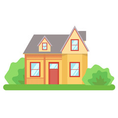 Modern cottage house isolated on white background. Front view.  Vector Illustration in Flat Style