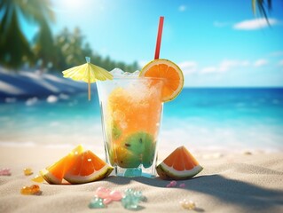 Tropical drink on sandy beach, summer vibes, 3D illustration,Ai Generative