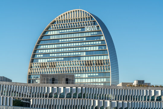 Madrid, Spain - January 30, 2018 : "La Vela" building BBVA bank headquarters modern building in "Las Tablas" district. Designed by Pritzker Prize winner Herzog & De Meuron, LEED Gold certification