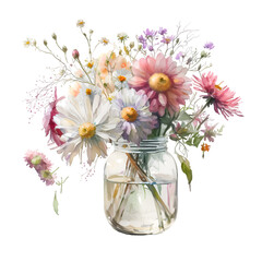 Watercolor transparent vase with wild flowers illustration Generative AI, png image.