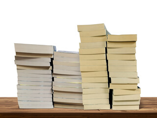 Stack of books lies on wooden table isolated on white background.