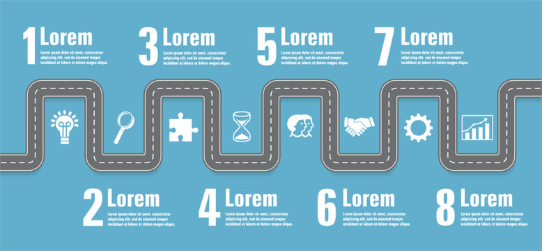 Business plan and strategies. Infographic with road in eight steps. Starting with idea to start up business. Vector illustration.