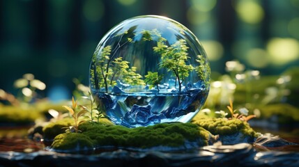 Obraz na płótnie Canvas Globe planet glass In a green forest with bokeh nature lights. world environment day. the concep for environment conservation, protect ecology earth and eco-friendly environmental life. Generative Ai.