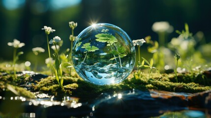 Globe planet glass In a green forest with bokeh nature lights. world environment day. the concep for environment conservation, protect ecology earth and eco-friendly environmental life. Generative Ai.
