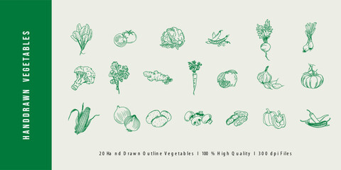 Hand-drawn vegetable outline vector illustrations for brochures, cafe flyers, delivery, and restaurant menu.