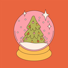 Groovy hippie Christmas stickers. Santa Claus, tree, smile, peace, rainbow in trendy retro cartoon style. Merry Christmas and Happy New year greeting card, poster, print, party invitation, background.