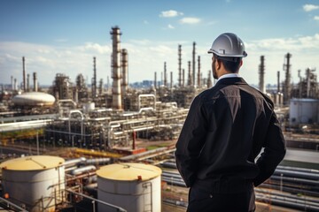 At back of the Workers engineer in Oil and gas industrial, Oil refinery plant from industry, Refinery Oil storage tank and pipe line steel. Non-existent person. Generative Ai