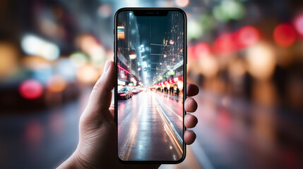 Nahaufnahme einer Hand die mit einem Smartphone ein Foto aufnimmt mit einer Stadt im Hintergrund, generative KI