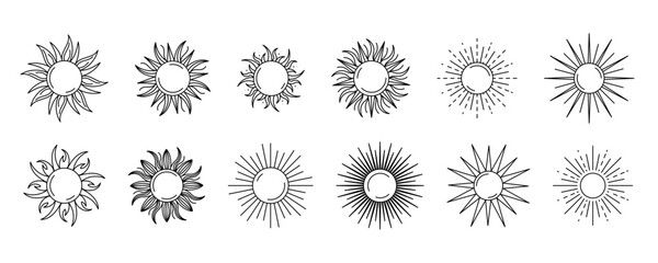 Set sun isolated on a white background. Vector illustration in outline style. For cards, logo, decorations, invitations, boho designs. - obrazy, fototapety, plakaty