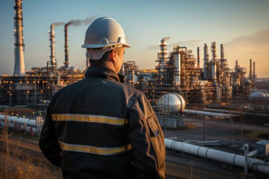 At back of the Workers engineer in Oil and gas industrial, Oil refinery plant from industry, Refinery Oil storage tank and pipe line steel. Non-existent person. Generative Ai